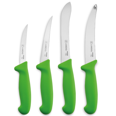 Ensemble de 4 Couteaux Pro Verts : 2 Couteaux à désosser - 1 Couteau à dépecer - 1 Couteau à éviscérer